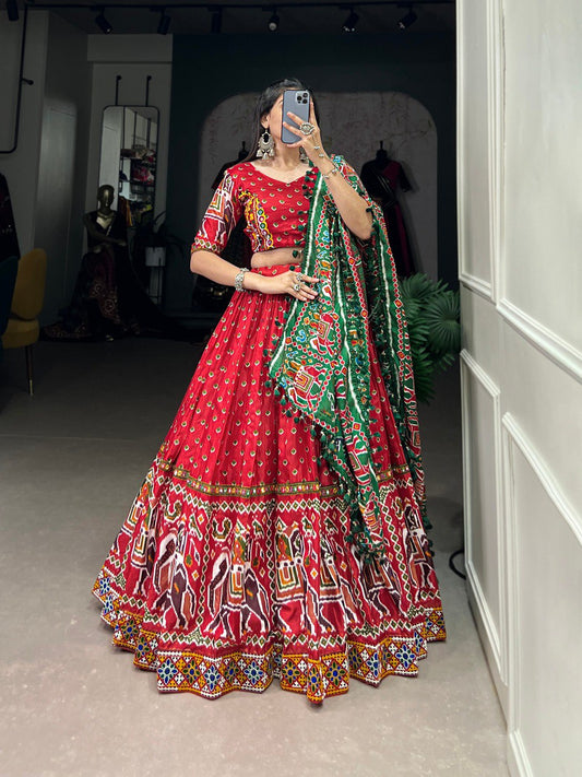 Lorenvalley Red Dola Silk Patola Print With Gamthi Work Lace Border Lehenga Choli with Dupatta | Swadesiicart
