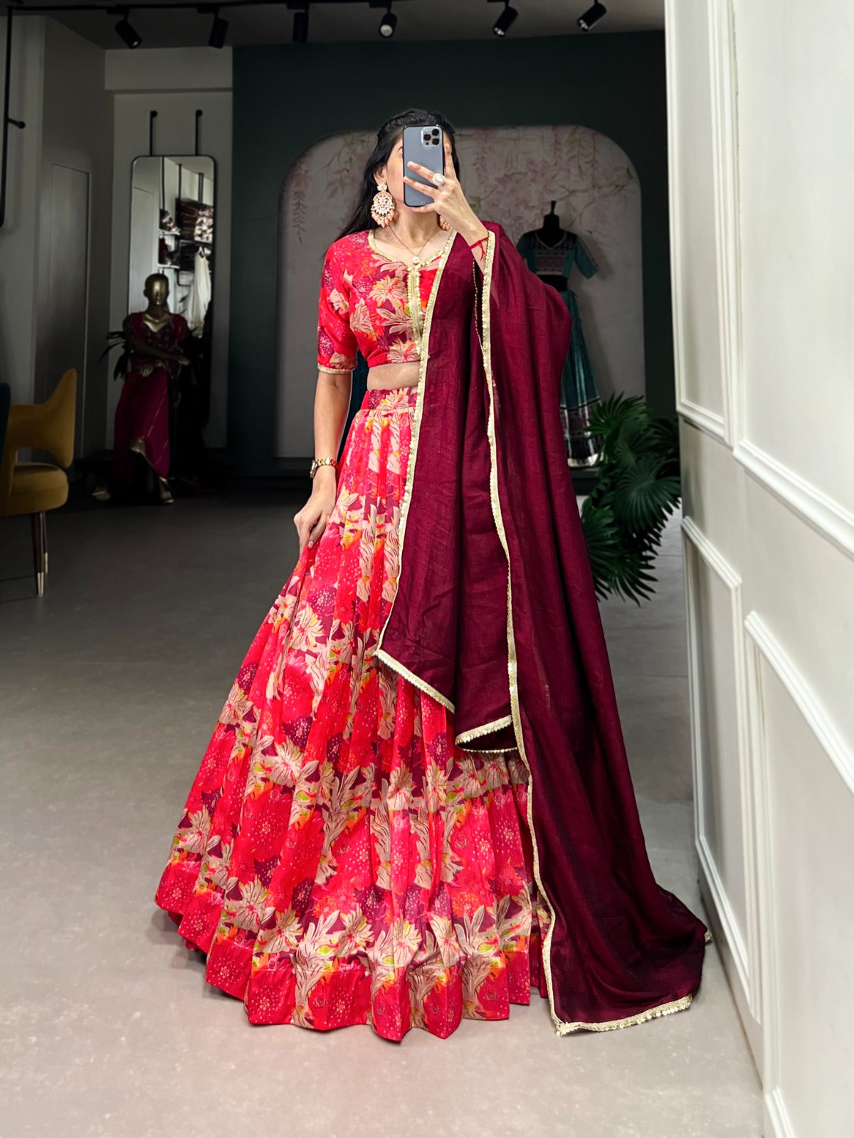 Lorenvalley Red Tussar Silk Printed Lehenga Choli | Swadesiicart