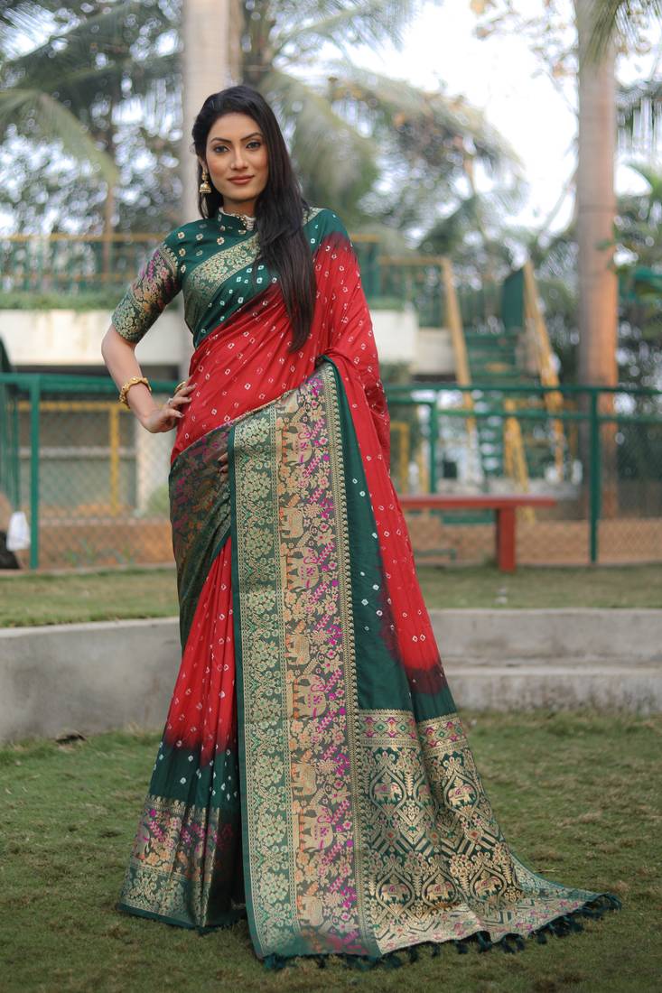 Anaita Red Woven Design Pure Bandhej Kanjivaram Soft Silk Saree