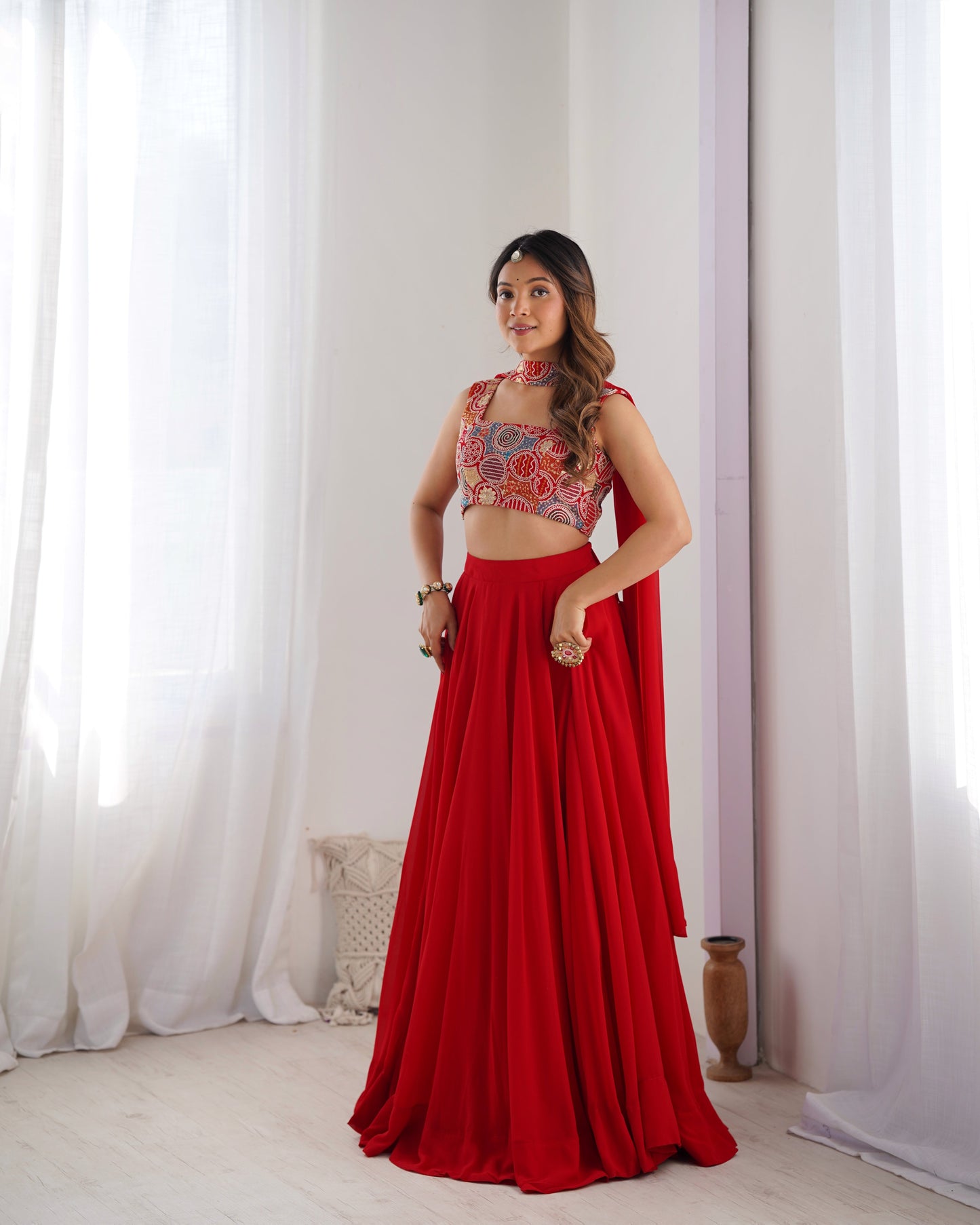 Lorenvalley Red Faux Georgette Stitched Lehenga Embroidery Blouse with Dupatta | Swadesiicart