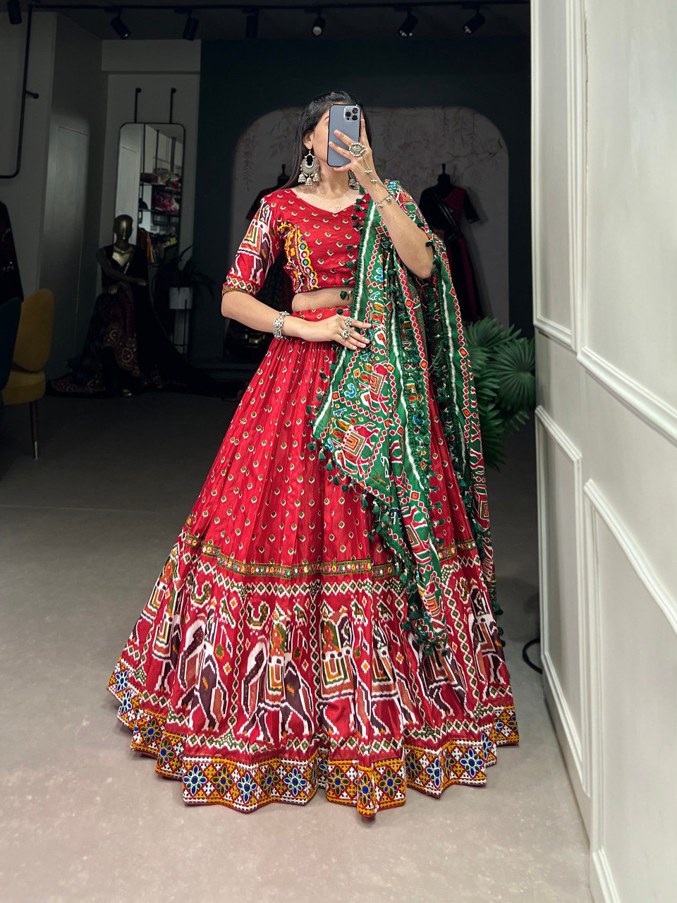 Lorenvalley Dola Silk Red Patola Print With Gamthi Work Lace Border Lehenga Choli with Dupatta | Swadesiicart