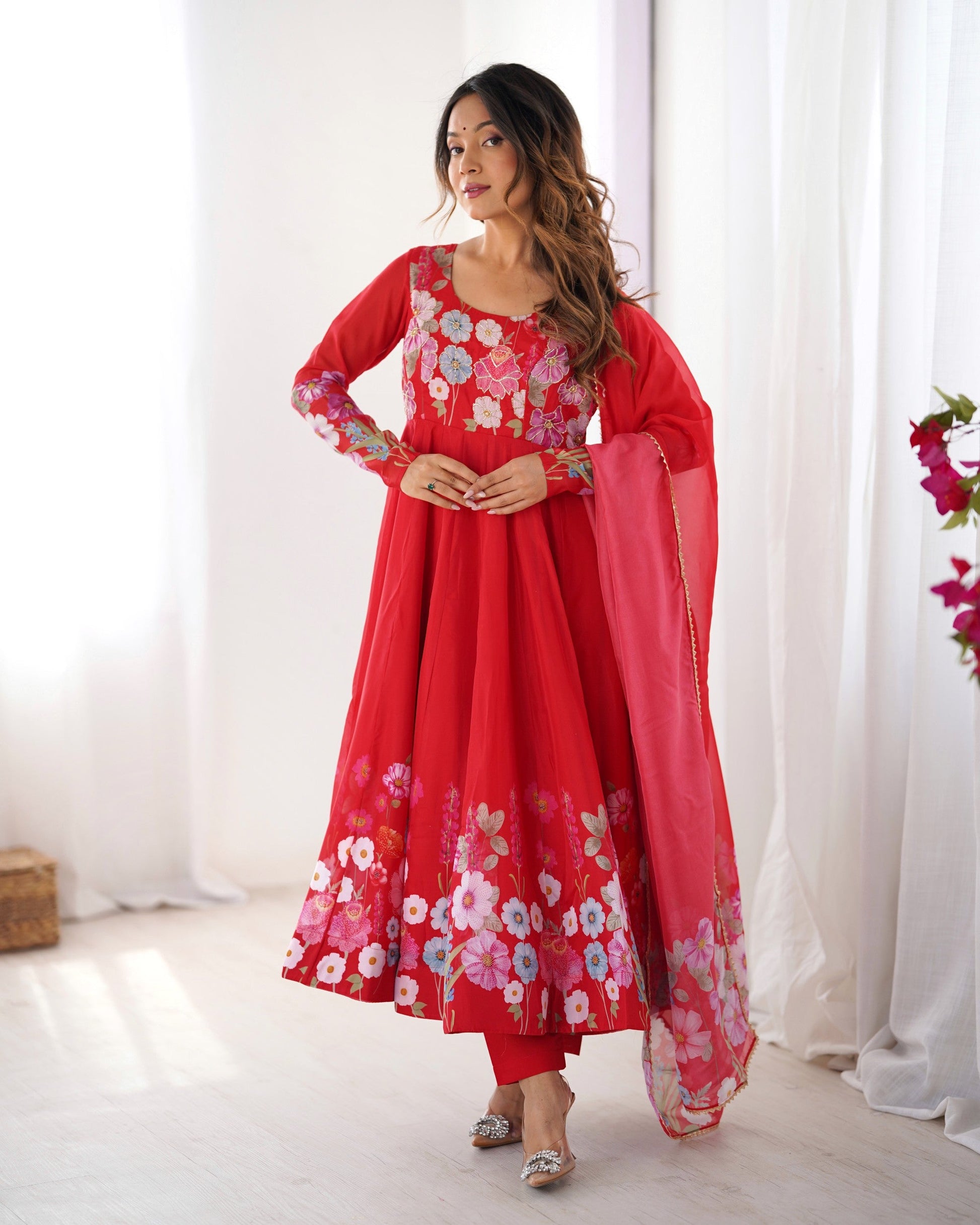 Lorenvalley Fashion Red Soft Organza Silk With Floral Print Fully Flared Anarkali Pant With Dupatta Set - Swadesiicart