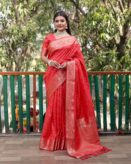 Lorenvalley Premium Bandhej Patola Silk Sarees with kanchi Borders and Contrast Zari Weaving borders Saree - Red - Swadesiicart