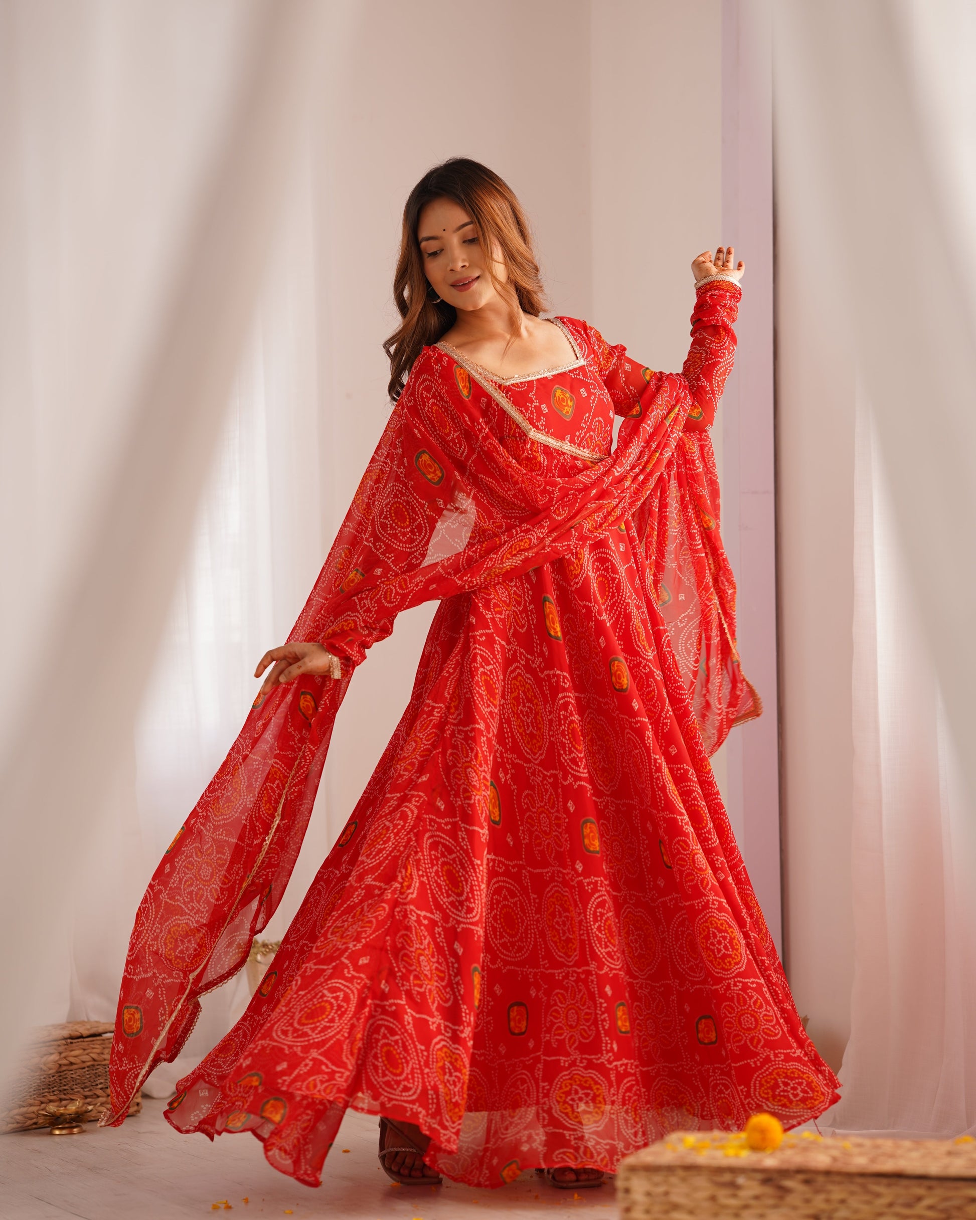 Lorenvalley Women Soft Lightweight Chiffon Bandhej Print Fabric Anarkali Kurta Pant With Dupatta Set - Swadesiicart