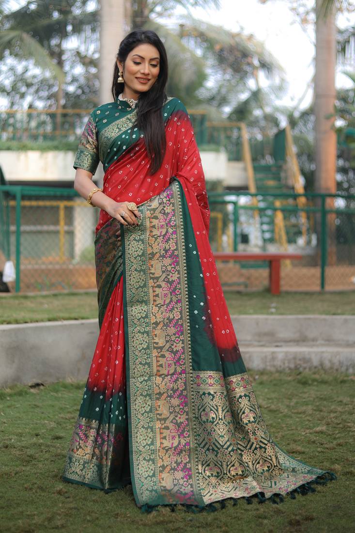 Anaita Red Woven Design Pure Bandhej Kanjivaram Soft Silk Saree