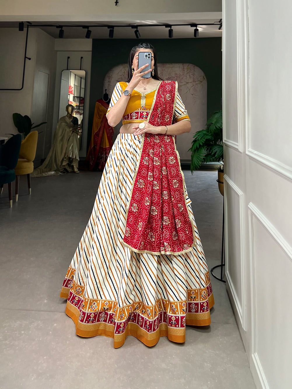 Lorenvalley White And Red Pure Cotton Leheriya With Patola Print Lehenga Choli With Dupatta | Swadesiicart