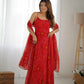 Lorenvalley Fashion Red Soft Chiffon Bandhej Fabric Print Fully Flair Anarkali With Pant Dupatta Set - Swadesiicart