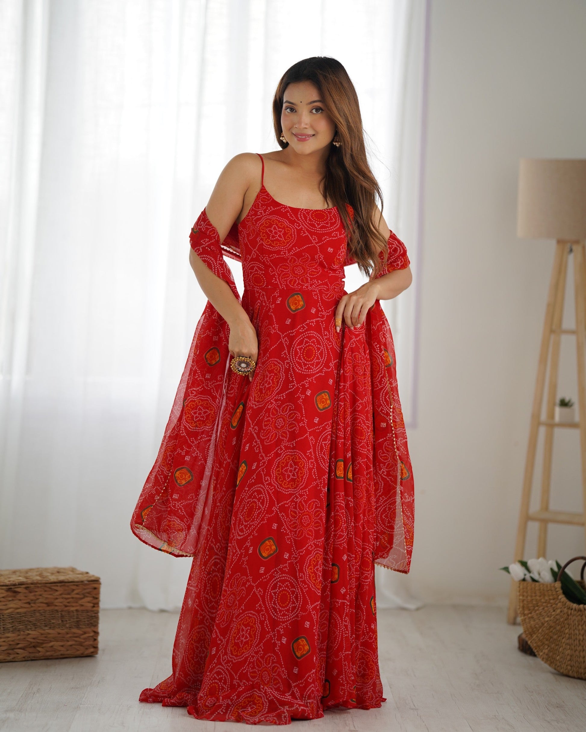 Lorenvalley Fashion Red Soft Chiffon Bandhej Fabric Print Fully Flair Anarkali With Pant Dupatta Set - Swadesiicart