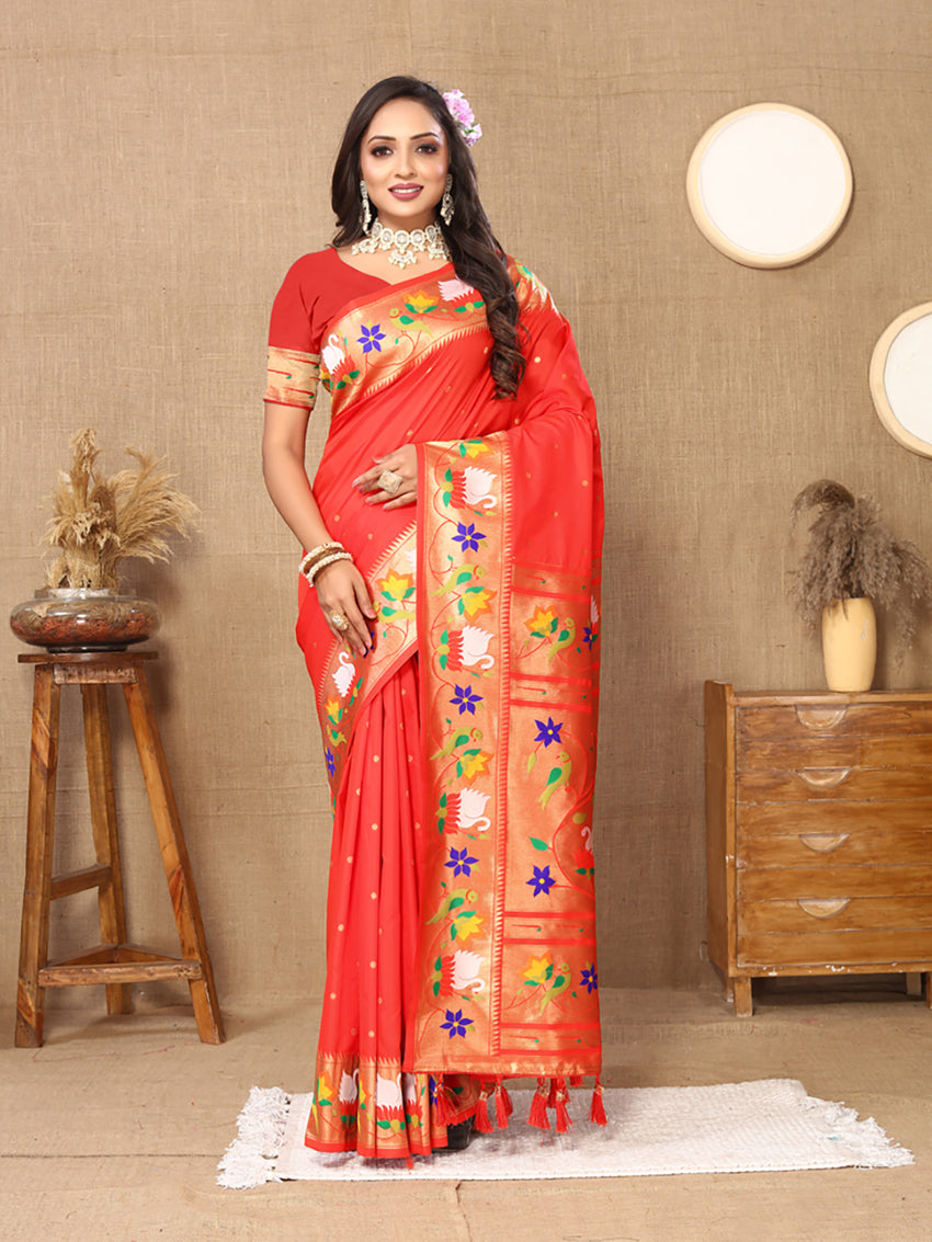Lorenvalley Fashion Red Soft Paithani Silk Woven Design Rich Zari Meenakari Weaving Saree - Swadesiicart