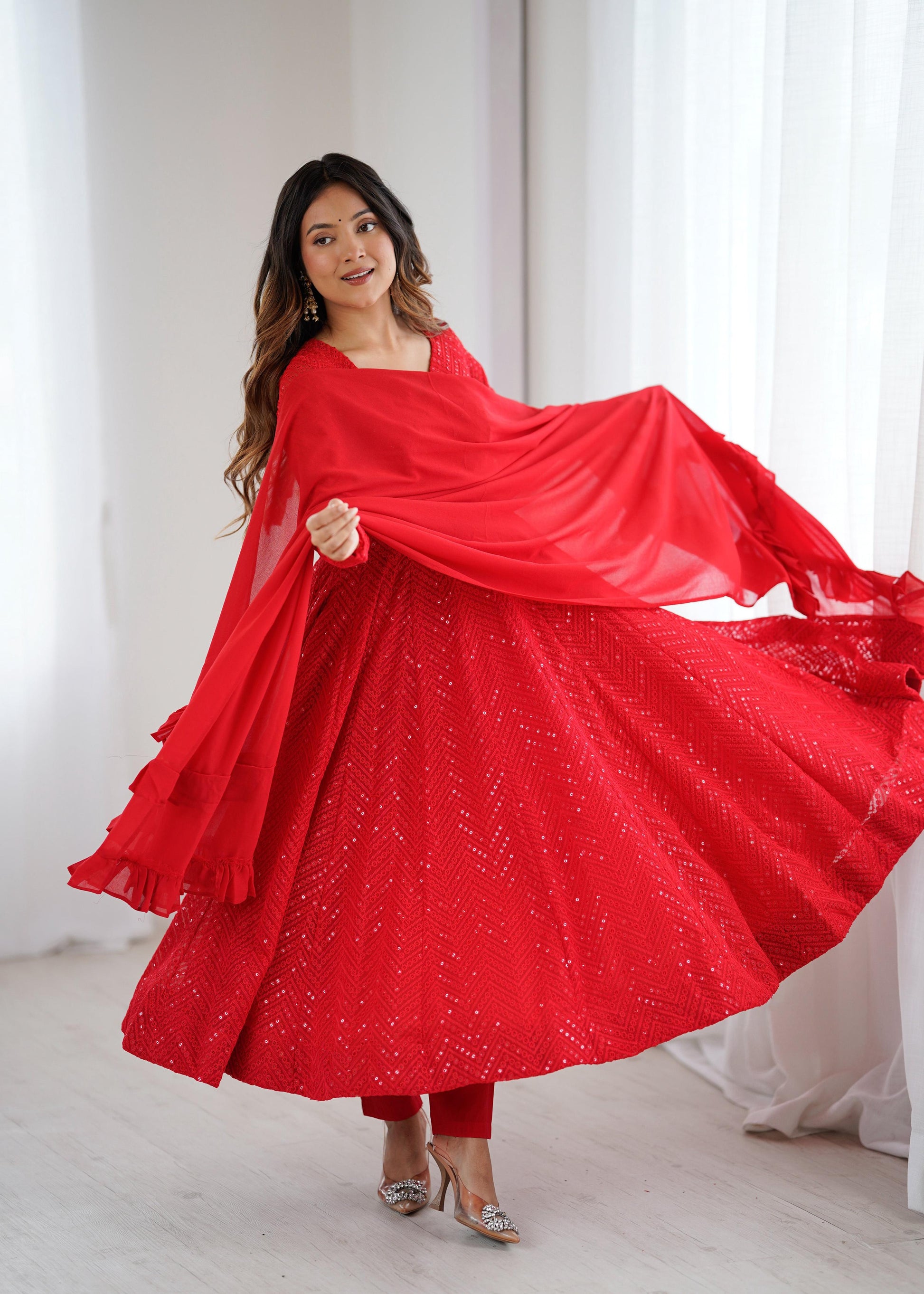 Lorenvalley Fashion Red Faux Georgette Lukhnowi Sequence Work Anarkali Kurta Pant With Dupatta Set - Swadesiicart