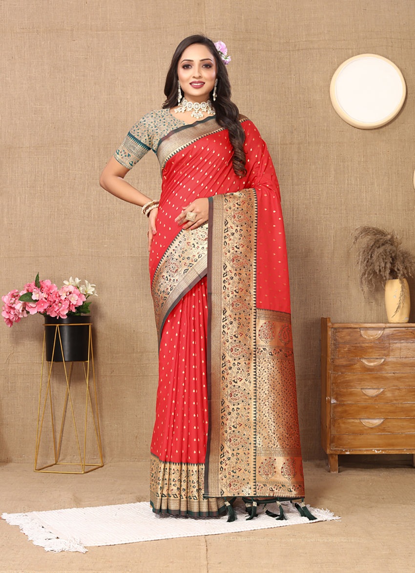 Lorenvalley Fashion Red Soft Silk weaving Design Rich Zari Weaving Saree - Swadesiicart
