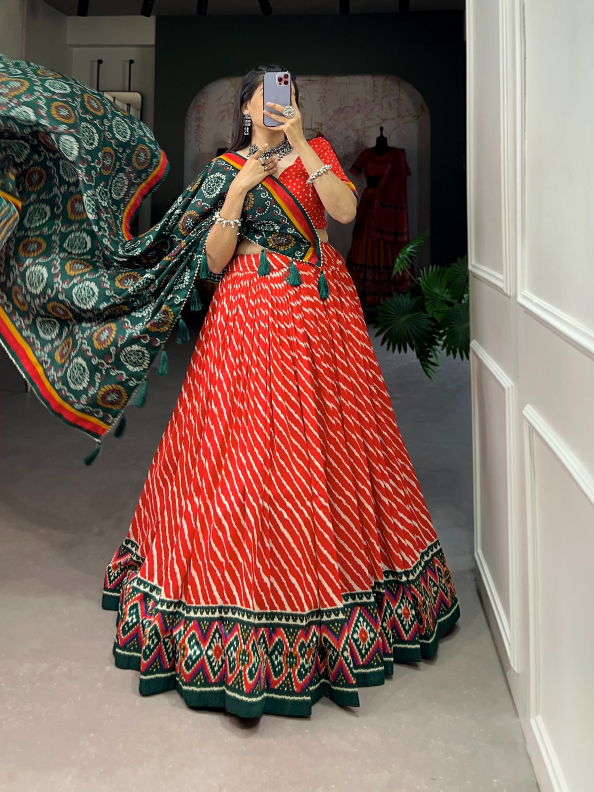 Lorenvalley Red Tussar Silk Lehenga Leheriya Patola Print Border With Choli Bandhej Print With Bandhej Print Gotta Patti Lace Border Dupatta | Swadesiicart