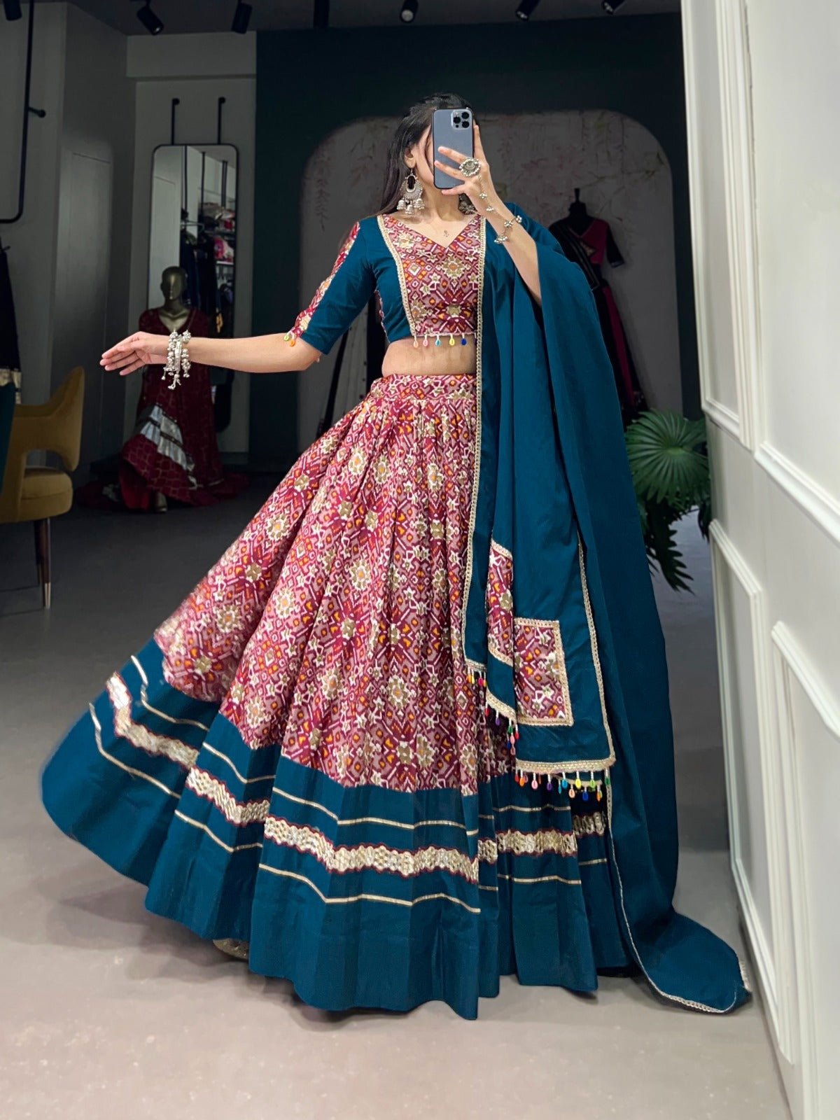 Lorenvalley Red Dola Silk and Rayon with Printed With Foil Work And Lace Touch Up Lehenga Choli | Swadesiicart