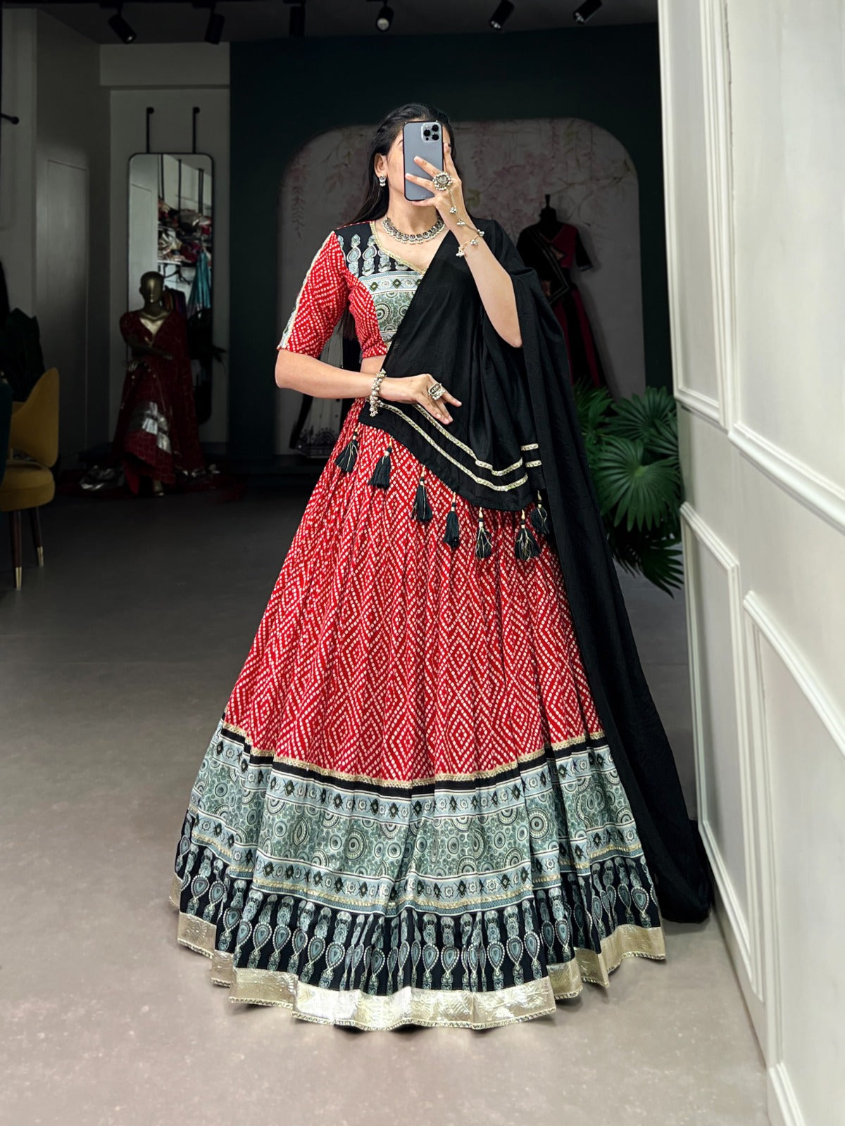 Lorenvalley Red Rayon with Bandhej And Ajarakh Print With Embossed Design Gota Lace Touch up Lehenga Choli | Swadesiicart