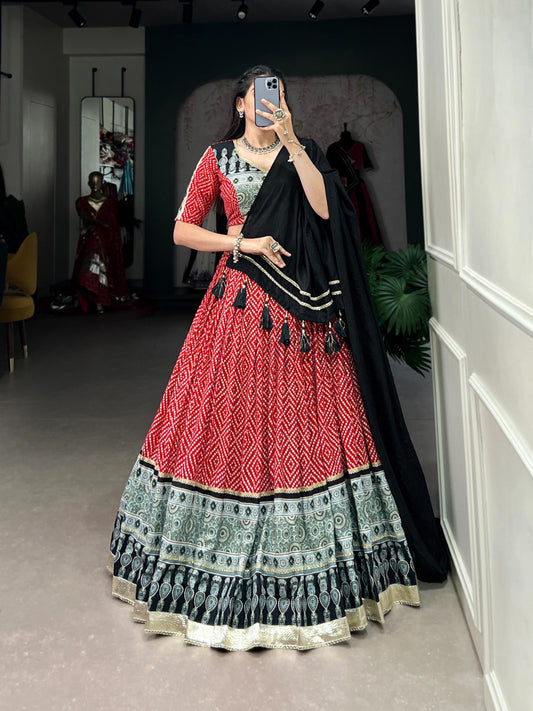 Lorenvalley Red Rayon with Bandhej And Ajarakh Print With Embossed Design Gota Lace Touch up Lehenga Choli | Swadesiicart