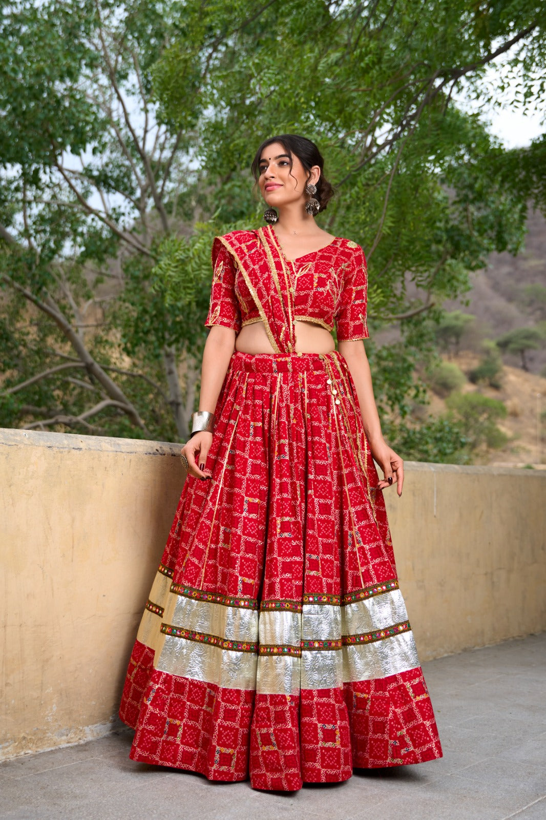Lorenvalley Red Pure Rayon with Foil Printed With Gota Patti And Paper Mirror Work Lehenga Choli | Swadesiicart