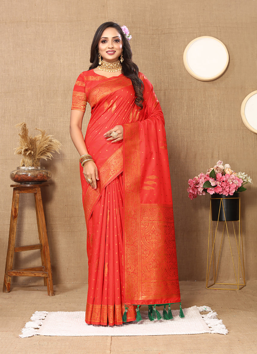 Lorenvalley Fashion Red Soft Silk Copper Zari weaving Design Saree - Swadesiicart