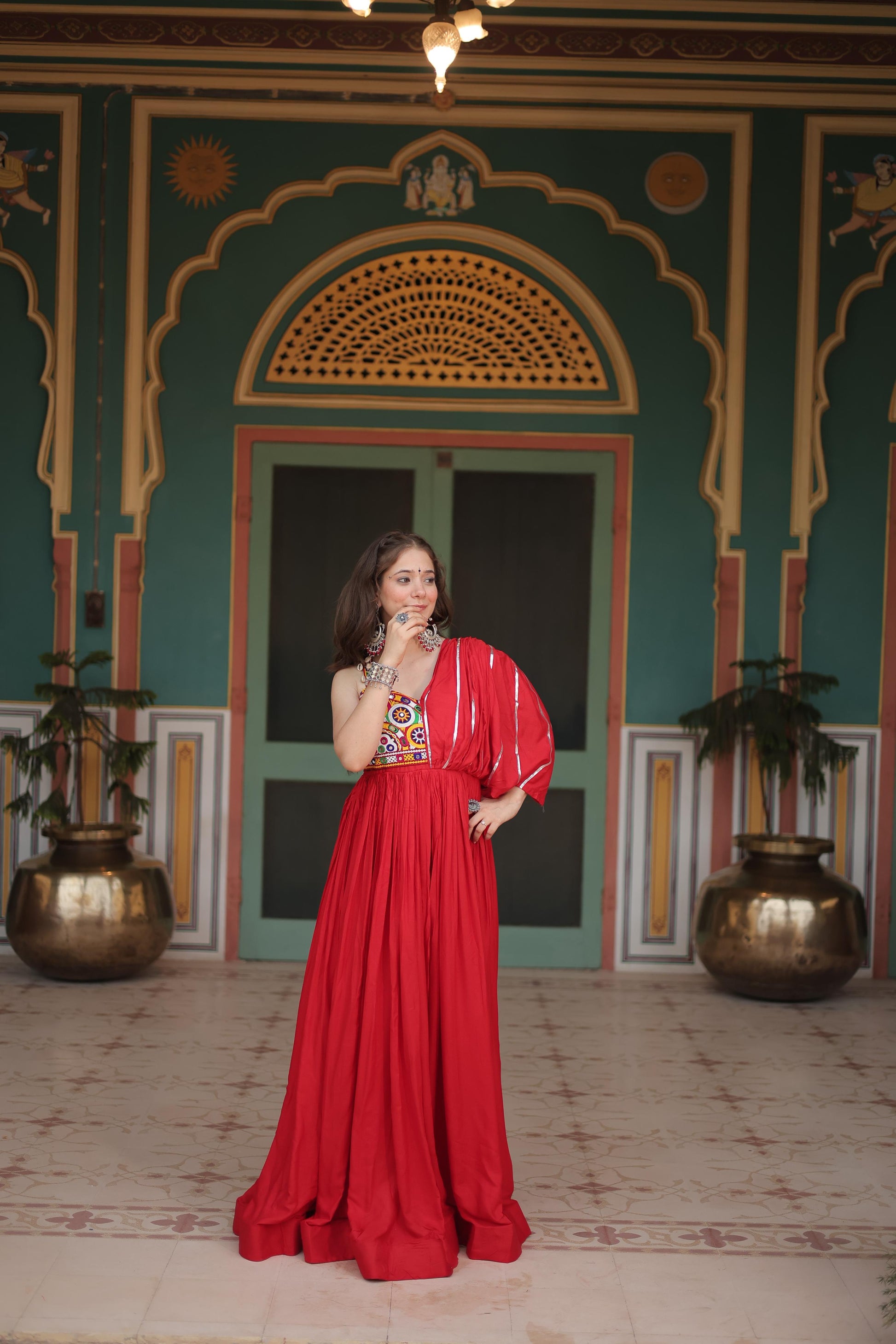 Lorenvalley Red Rayon Fabric with Designer Lace Gown | Swadesiicart
