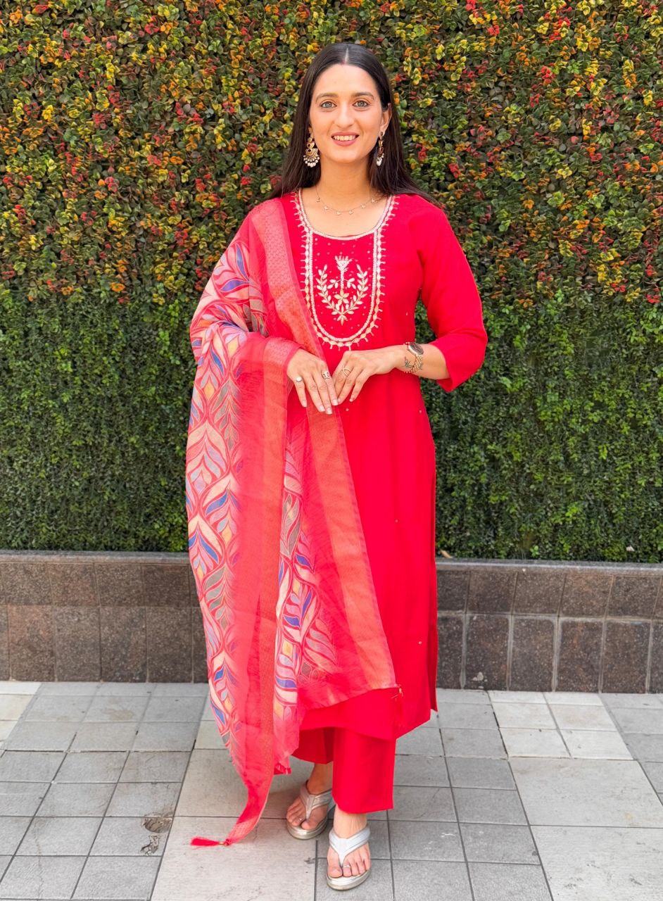 Lorenvalley Fashion Red Roman Silk Hand Work Kurta Pant with Dupatta | Swadesiicart