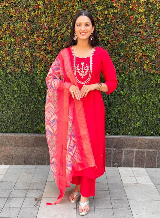 Lorenvalley Fashion Red Roman Silk Hand Work Kurta Pant with Dupatta | Swadesiicart