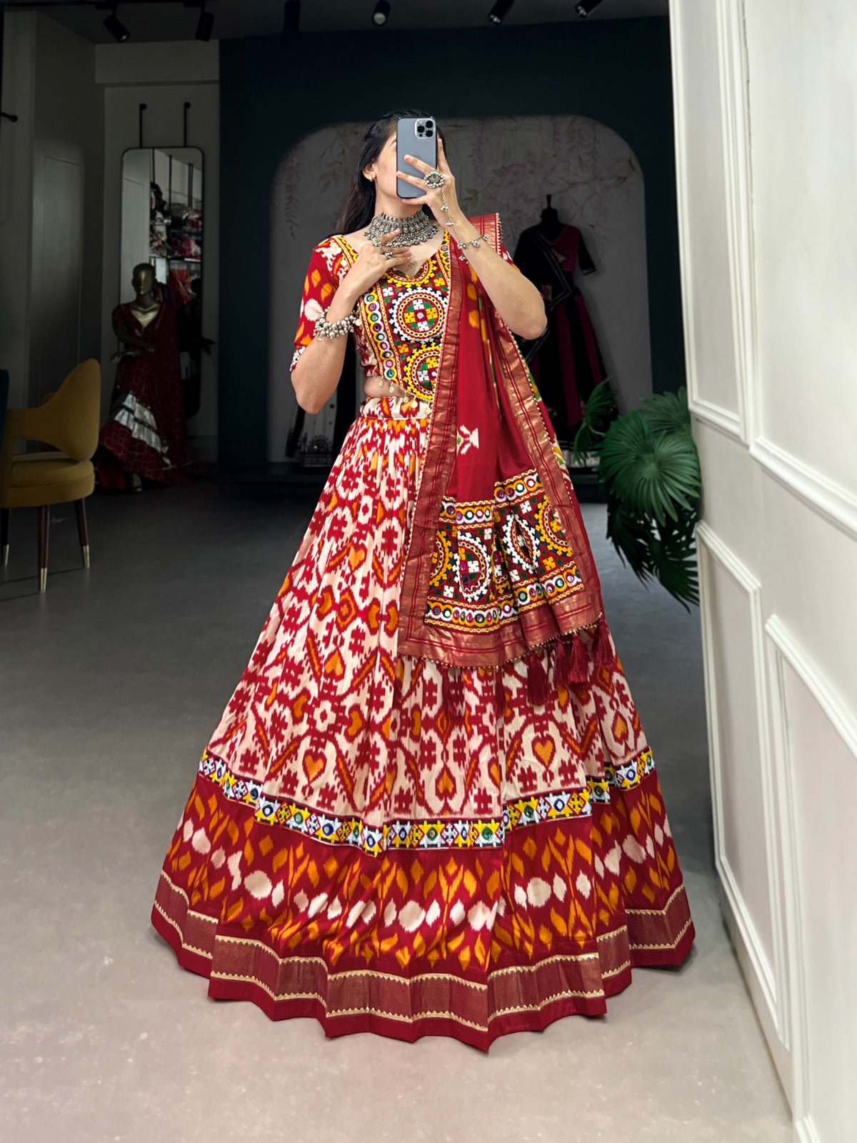 Lorenvalley Red Tussar Silk Patola Print With Foil Work And Original Mirror Gamthi Lace Lehenga Choli with Dupatta | Swadesiicart