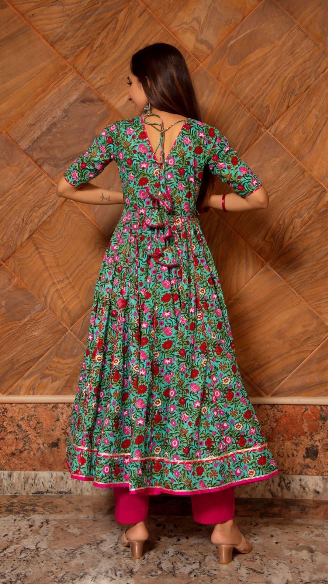 Pomcha Jaipur Surangi Kalidar Cotton Anarkali Set | Swadesiicart