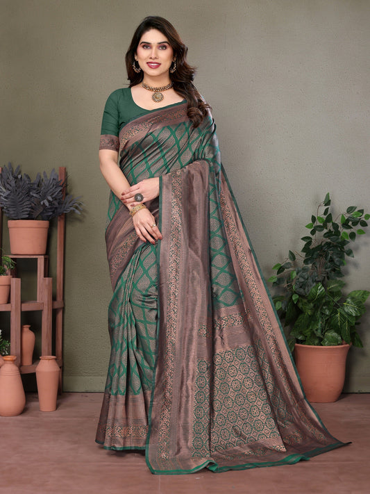 Vedant Vastram Litchi Silk Banarasi Silk Saree - Bottle Green | Swadesiicart