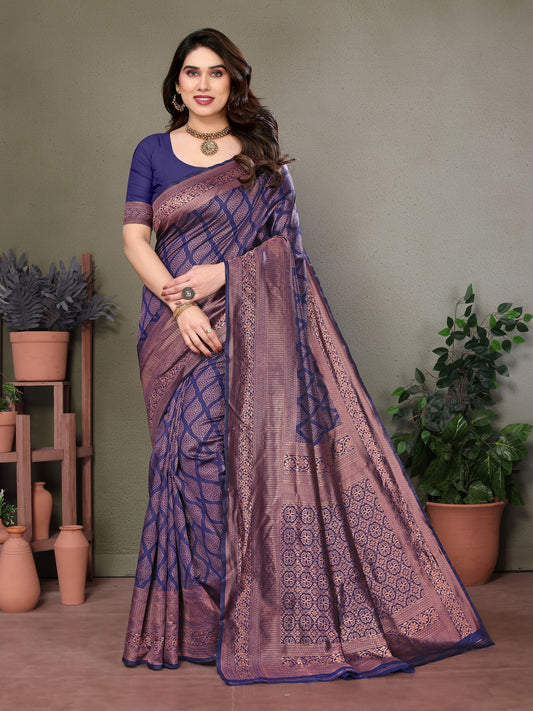 Vedant Vastram Litchi Silk Banarasi Silk Saree - Navy | Swadesiicart