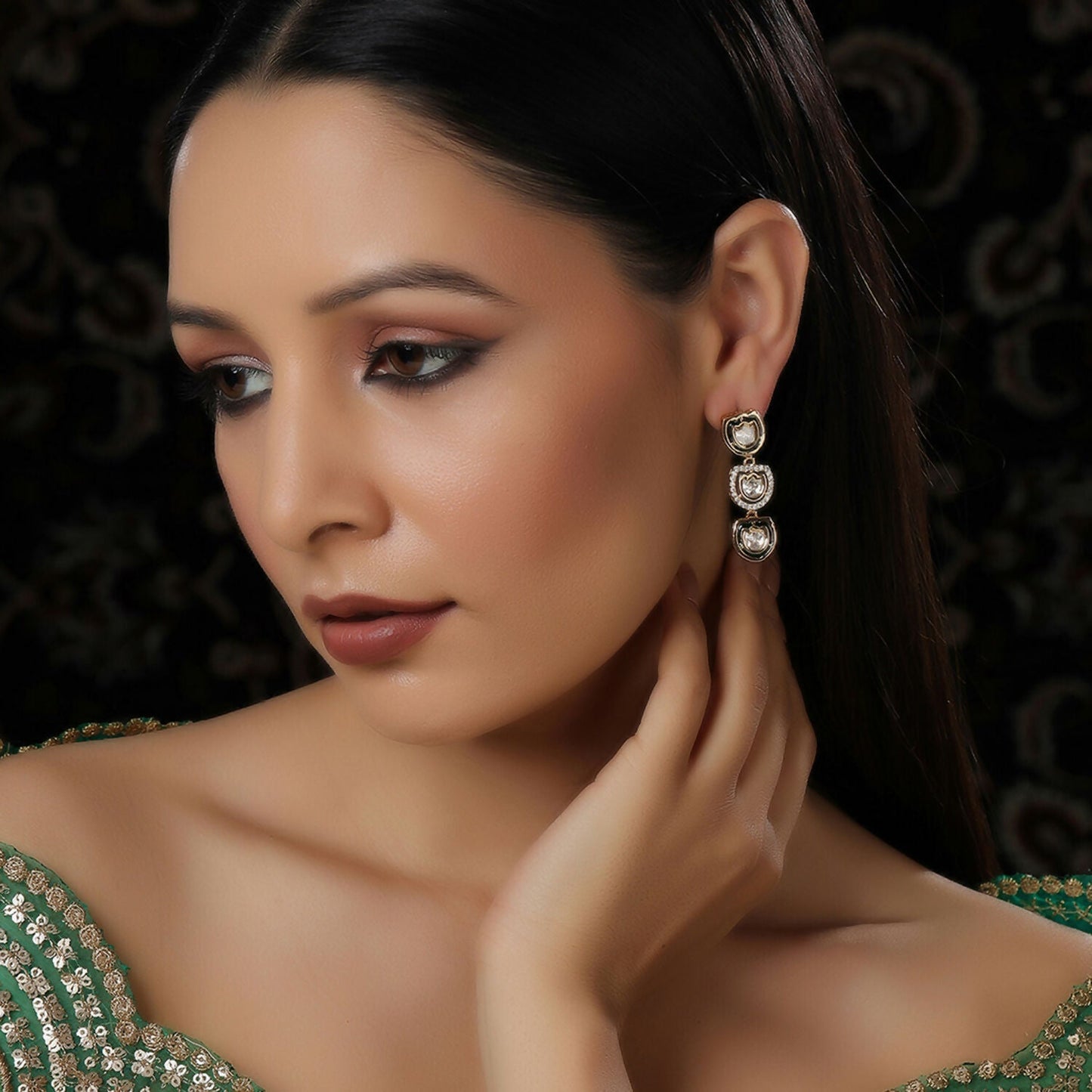 Meenakari and Diamond Studded Dangler Earrings (Gold) - Ruby Raang | Swadesiicart