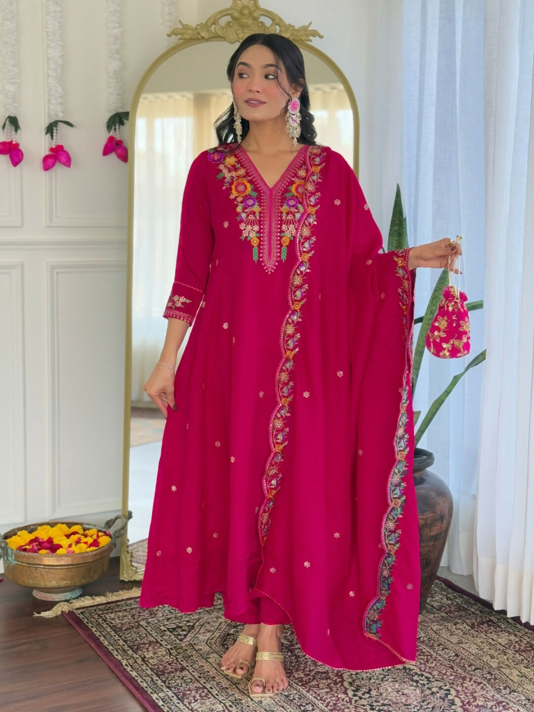 The52 Rani Women's Beautiful Embroidered Work Vichitra Silk Fabric Straight Kurta Pant and Dupatta Set - Swadesiicart