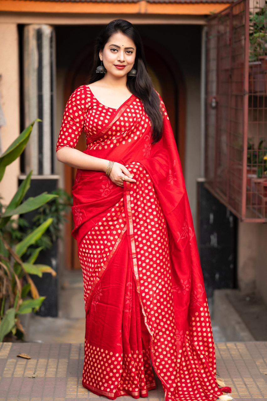 Red Pure Chanderi Hand Block Saree with Unstitched Blouse - Hiral Fashion | Swadesiicart