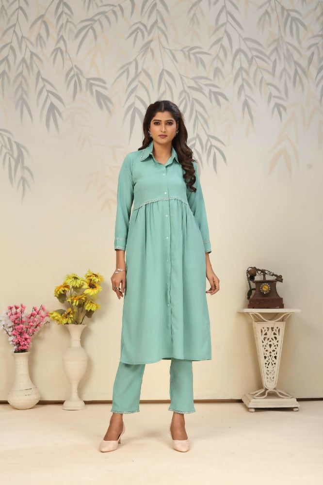Jyoti Fashion Women's Sea Green Rinkal Cotton Plain with Side Pocket Kurtis & Sets | Swadesiicart