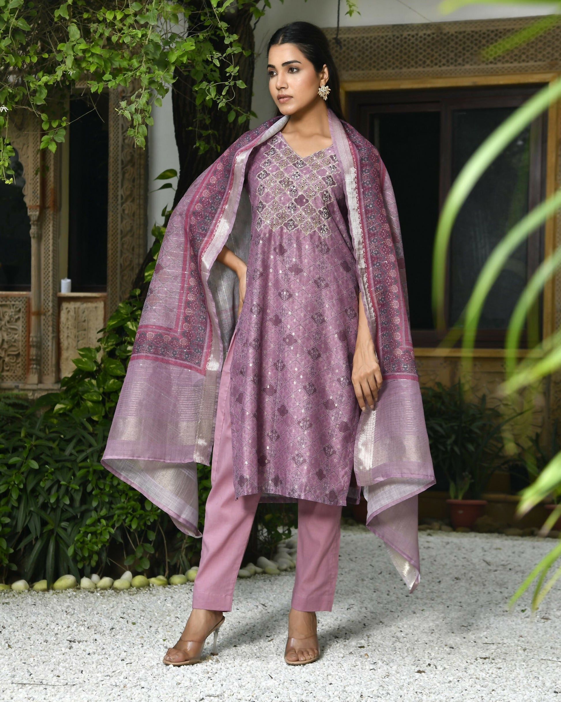 Vaasva Women's Chanderi Printed Suit Set With Pant And Printed Dupatta | Swadesiicart