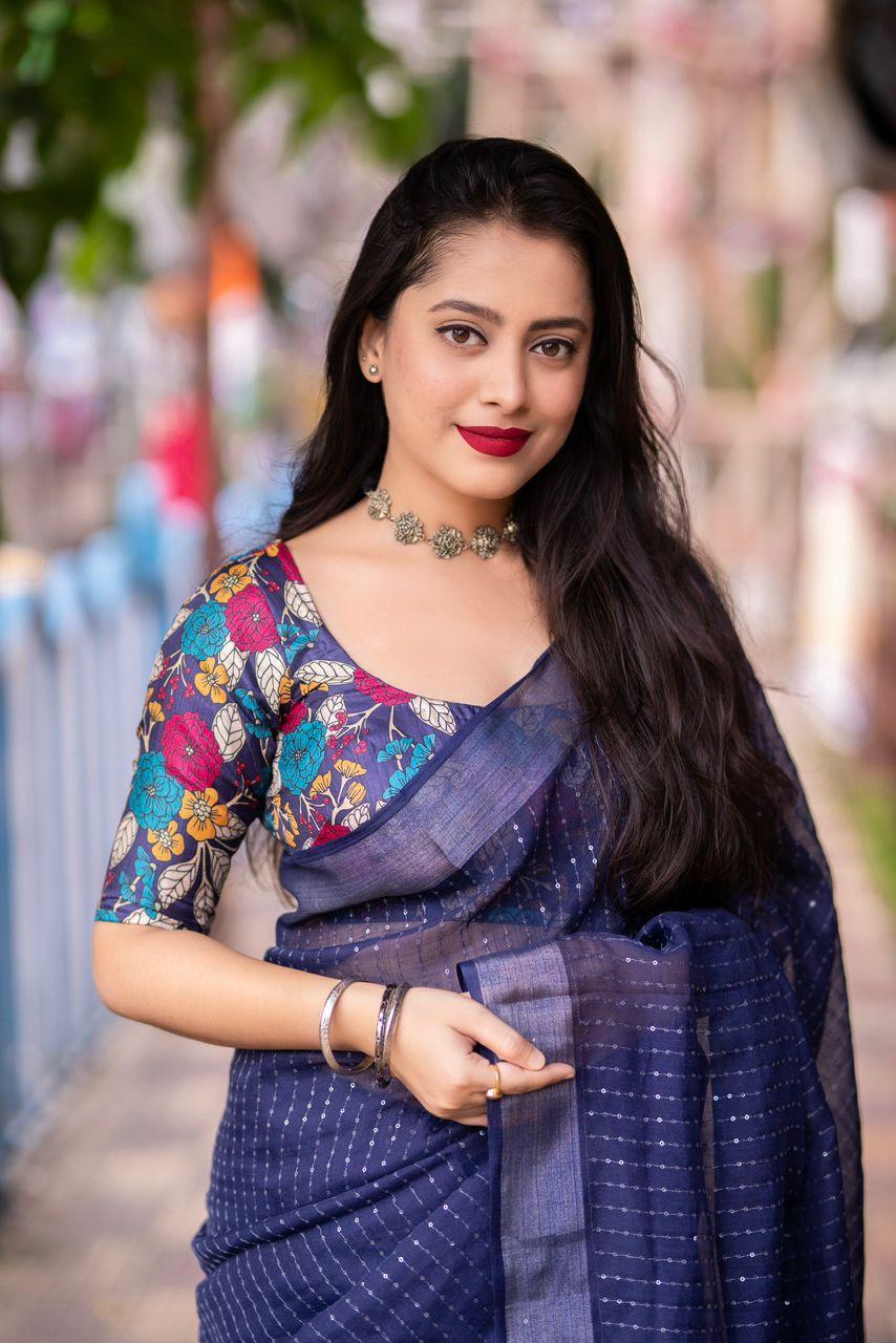 Nblue Linen Sequence Saree with Unstitched Blouse - Hiral Fashion | Swadesiicart