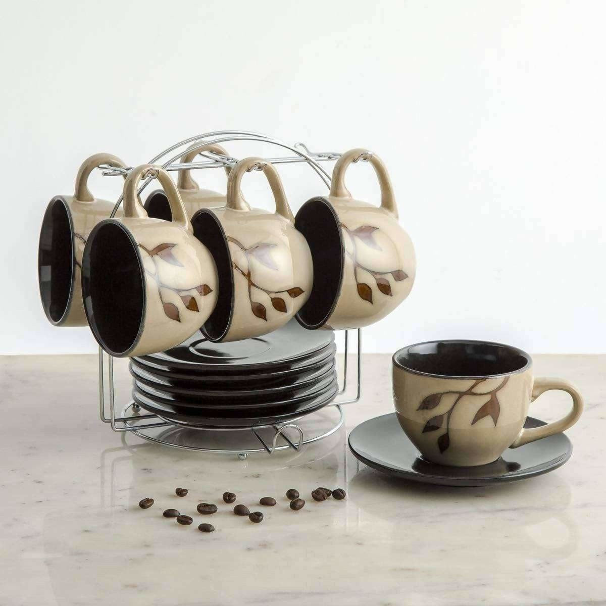 Home Centre Caraway Cup and Saucer- Set of 13 Pcs - 220 ml - Brown - Swadesiicart