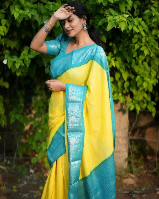 DEIANA'S Beautiful Designer Golden zari Soft Lichi Silk Saree - Yellow - Swadesiicart