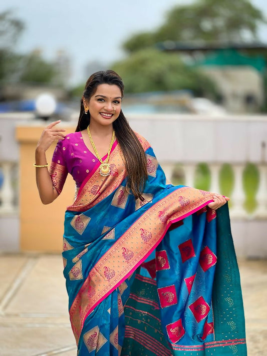 PR Fashion Firozi Soft Banarasi Silk With Zari Weaving Meenakari Design Saree | Swadesiicart