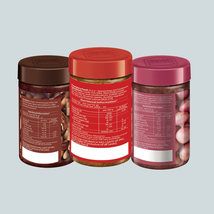 Society Onion Chutney & Dry Garlic Chutney & Tamarind Date Chutney Combo | Swadesiicart