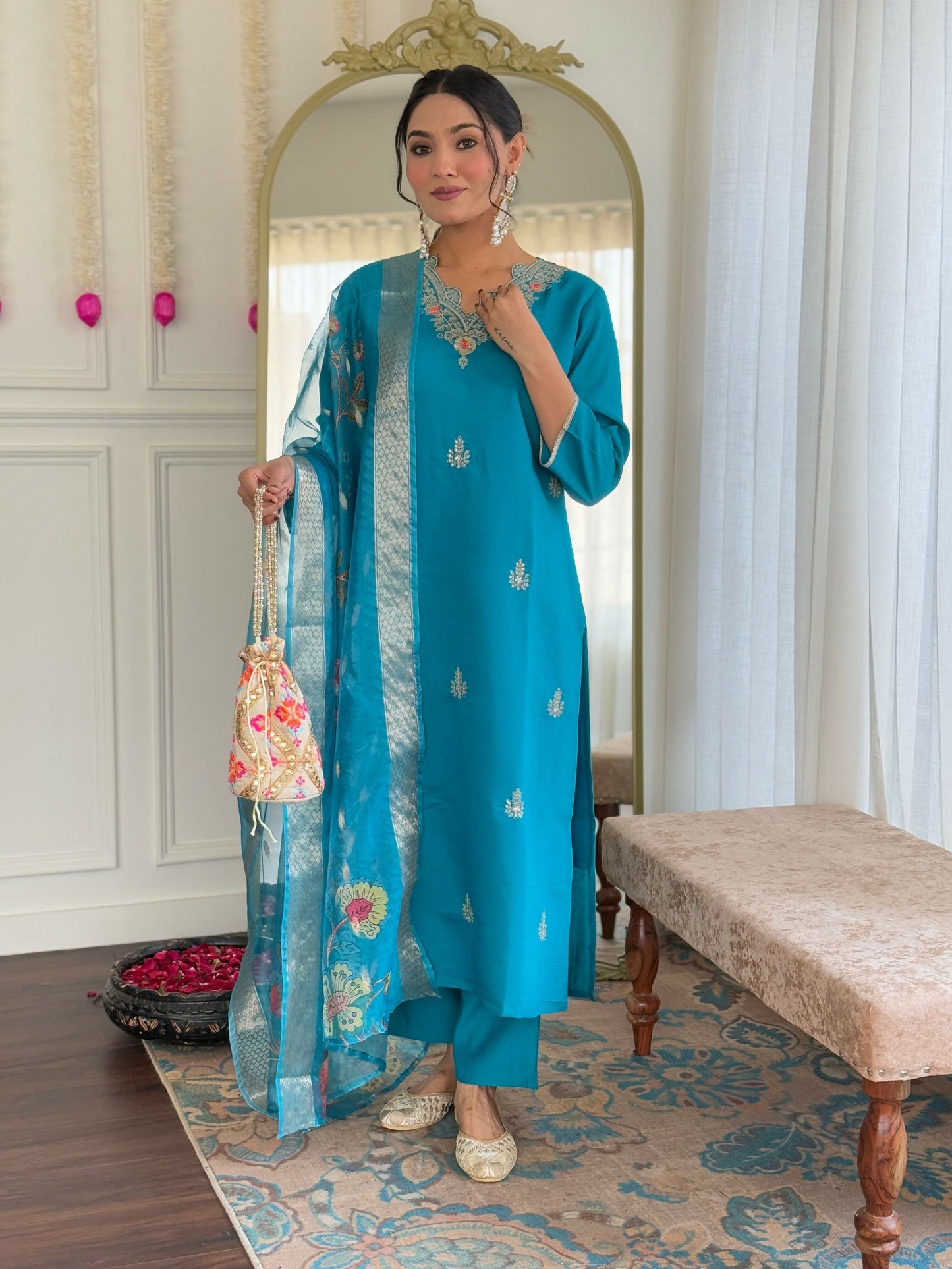 The52 Blue Women's Gorgeous Viscose Fabric Embroidered Work Straight Kurta, Pant and Dupatta Set - Swadesiicart