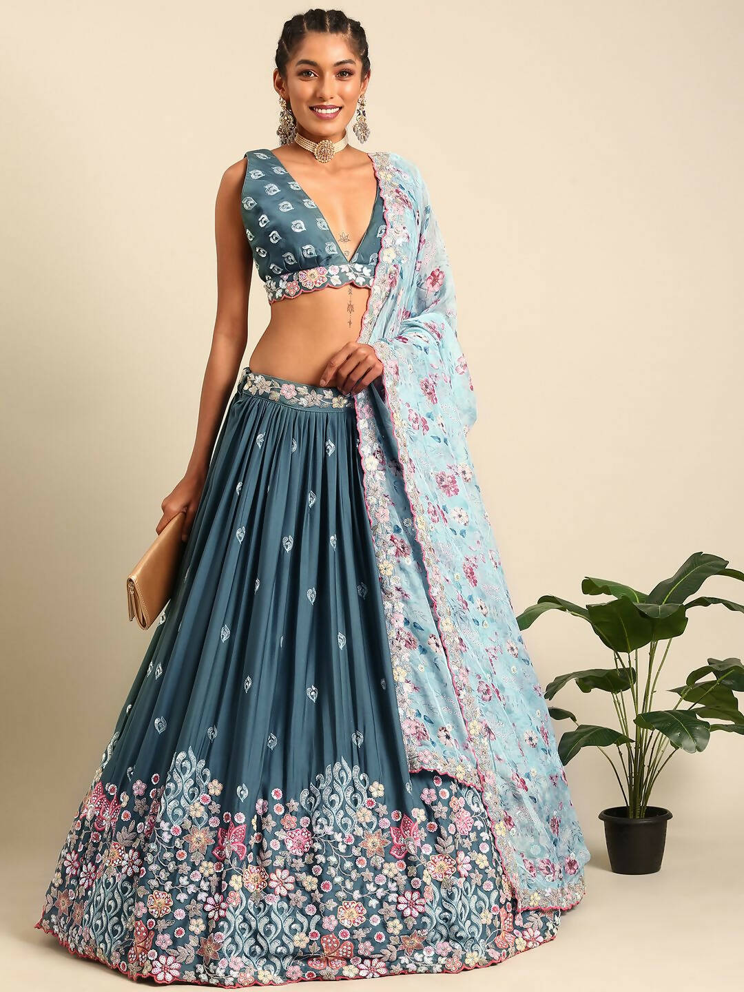 House of Panchhi Teal Blue Chinon Sequins embroidery Lehenga choli & Dupatta | Swadesiicart