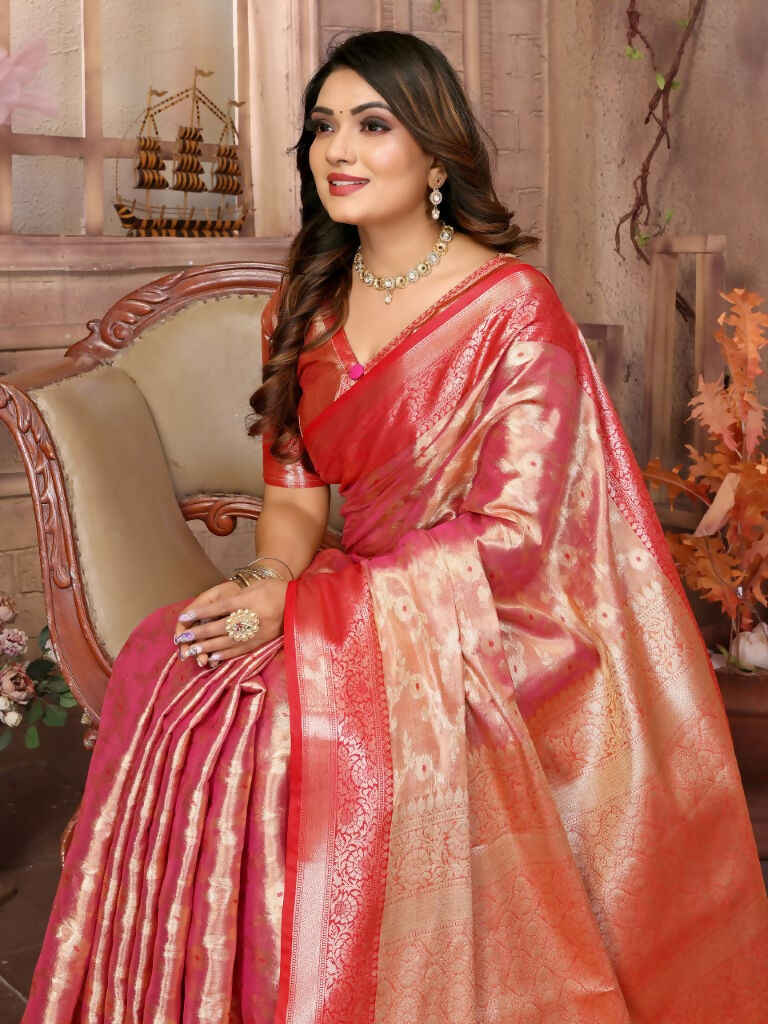 Anaita Pink Tissue Silk With Zari Weaving Saree With Blouse
