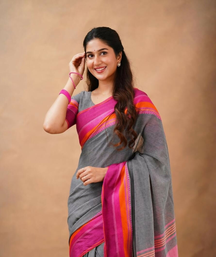 Exclusive Collection Grey Beautiful Khadi Cotton Handloom Saree - Swadesiicart