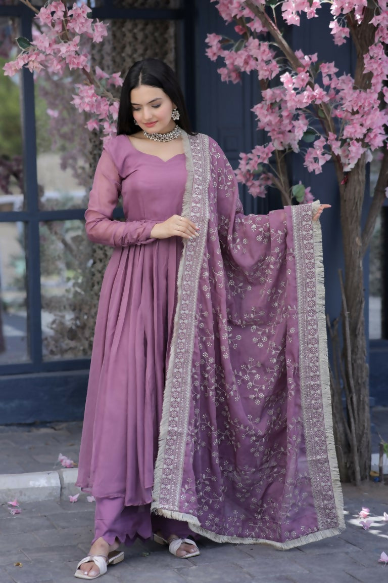 Jyoti Fashion Women's Onion Tabby Silk Designer Kurta with Trouser & Dupatta | Swadesiicart