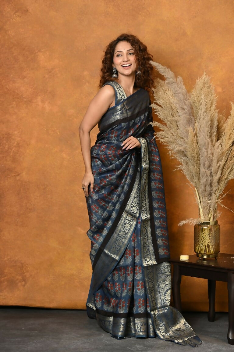 Very Much Indian Modal Silk Ajrakh Handblock Printed Natural Dyes With Designer Border Saree - Black | Swadesiicart