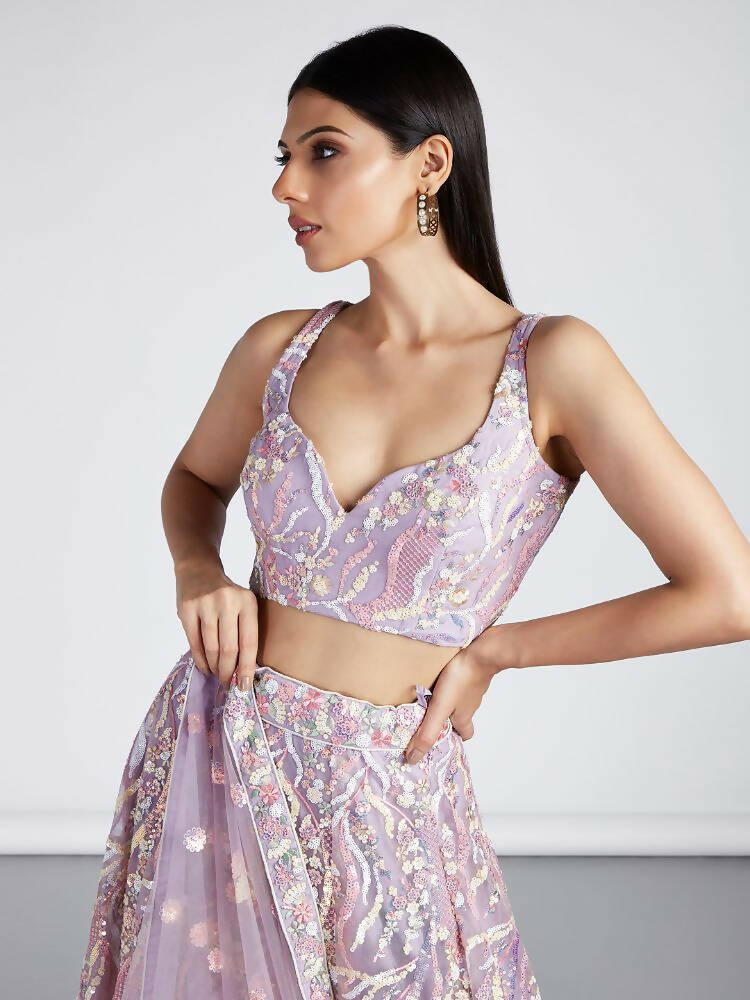 House of Panchhi Mauve Net Sequins And Thread Embroidery Lehenga Choli & Dupatta | Swadesiicart