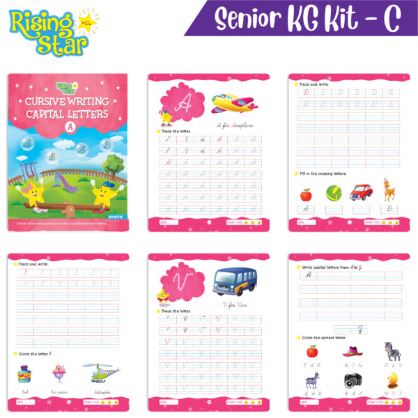 Rising Star Preschool Learning Senior KG Kit C| Cursive Writing Alphabet Letters| General Knowledge| Rhymes & Stories| Worksheets & Assessment Sheet - Shethbooks