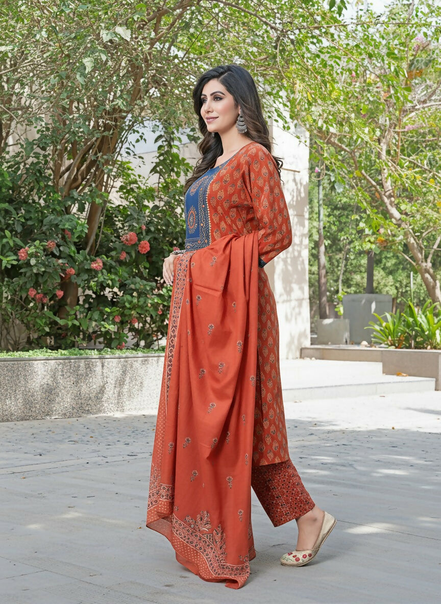 BulBul Aaliya Elegance Rust Cotton Kurta Set with Dupatta - Swadesiicart