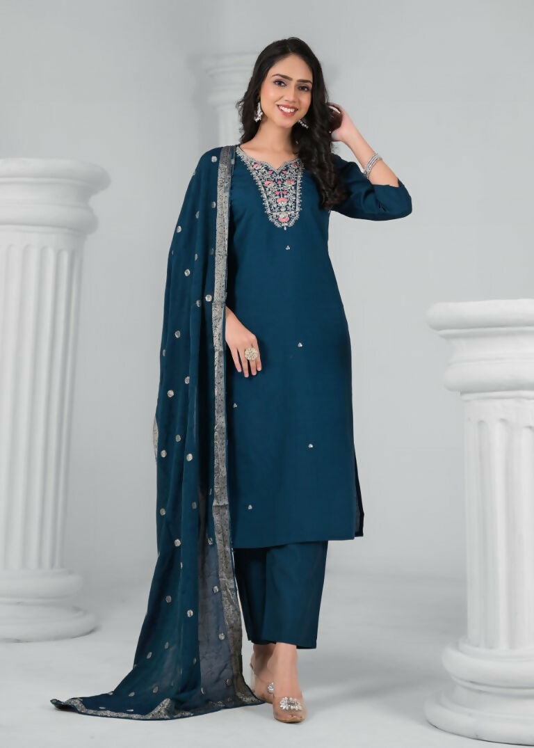 Ethnic Festive Wear Chanderi Rama Stitched Suit With Dupatta - Tanisha | Swadesiicart