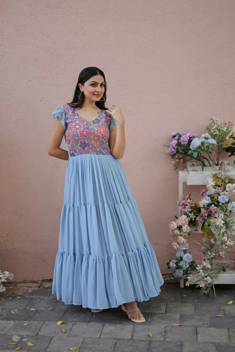 Jyoti Fashion Women's Grey Printed with Sequins Faux Georgette Anarkali Dress | Swadesiicart