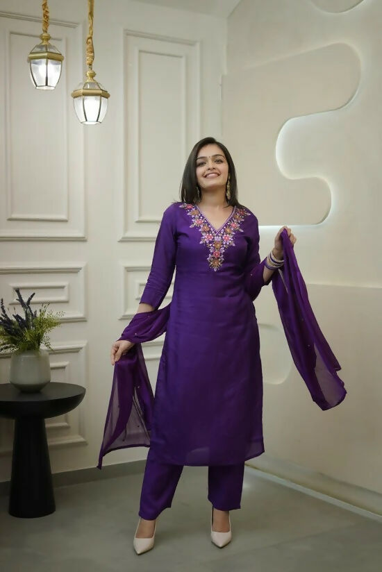 The52 Purple Women's Gorgeous Vichitra Fabric Embroidered Work Straight Kurta Pant and Dupatta Set - Swadesiicart